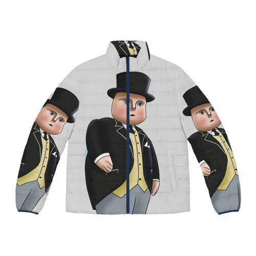 A puffer jacket featuring the iconic Fat Controller from the Thomas the Tank Engine series