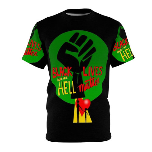 Political t-shirt design with "BLM" text expressing support for the Black Lives Matter movement and equal rights.