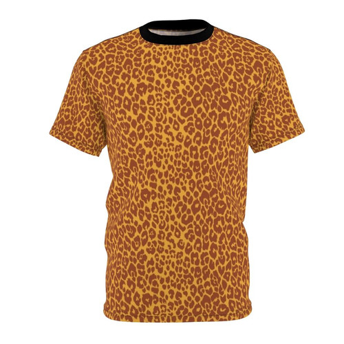 Vibrant tropical leopard print t-shirt with abstract gold and ochre spots