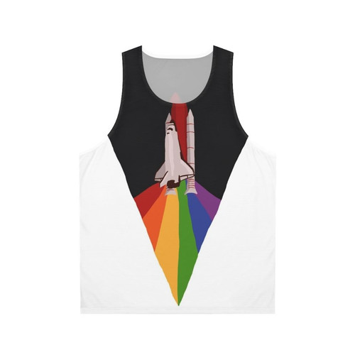 Unisex space-themed tank top with rainbow space shuttle design