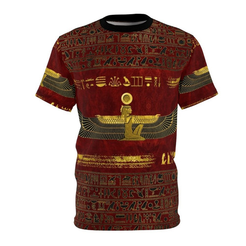 Model wearing a t-shirt with a golden Egyptian ornament design on red leather fabric.