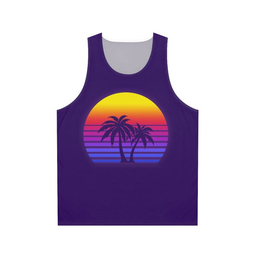 Retro synthwave unisex tank top with palm trees and sunset