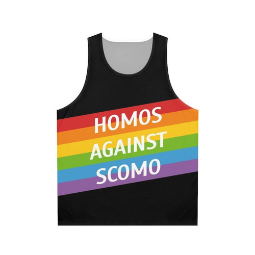 Unisex tank top with slogan "Homos Against Scomo" for LGBTQ activism