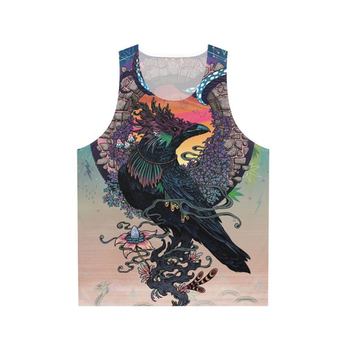 Psychedelic oracle unisex tank top with occult bird design