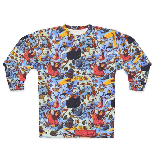 A sweatshirt featuring an illustration of the sword in the stone from the Disney movie The Sword in the Stone.