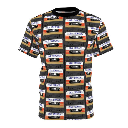 Old school music-themed t-shirt with cassette tape, vinyl record, and speaker graphics