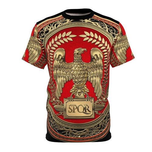 Gold Roman Imperial Eagle Graphic on Black Leather-Look T-shirt