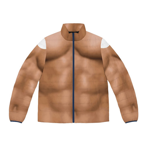 Muscular man wearing a puffer jacket that highlights his six pack abs