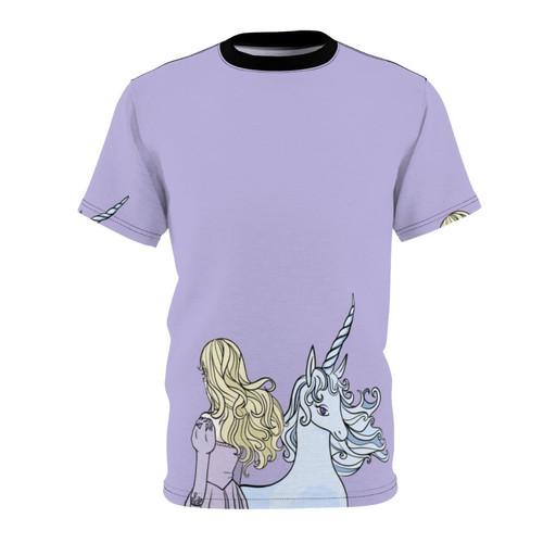 Vibrant and whimsical t-shirt featuring the character Lady Amalthea from the beloved fantasy movie The Last Unicorn.