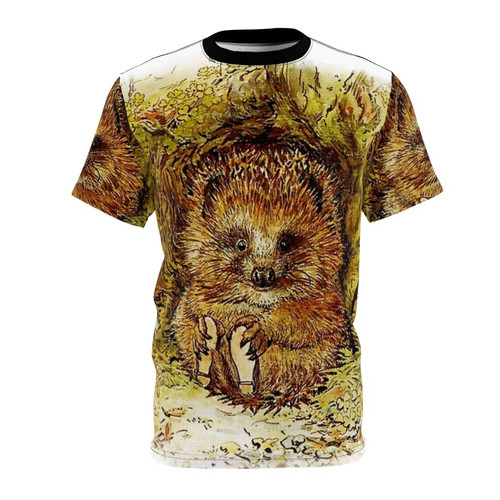 Beatrix Potter-inspired t-shirt featuring an adorable hedgehog design from the classic "Old Mr. Pricklepin" nursery rhyme