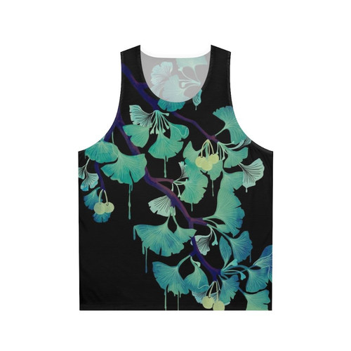 Ginkgo leaf watercolor print on a black unisex tank top