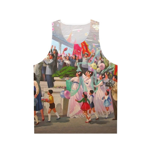 Unisex tank top with North Korea propaganda-inspired colorful design