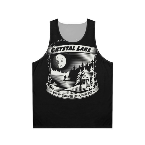 Horror movie inspired unisex tank top with "Camp Crystal Lake Where Summer Lives Forever" design