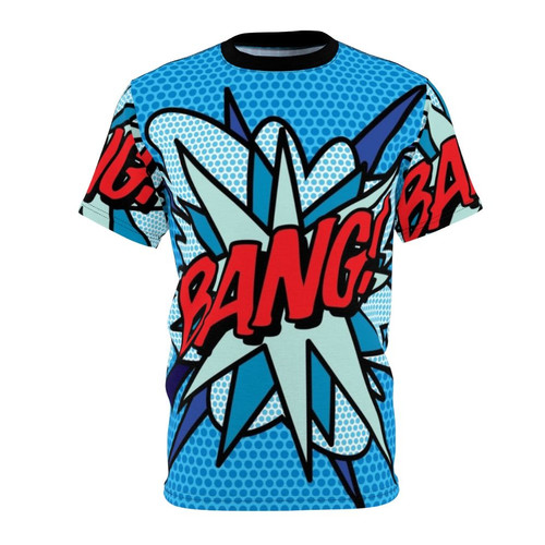 Vibrant comic book pop art graphic t-shirt with a modern, trendy design