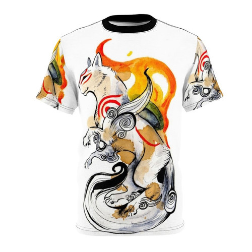 Okami-inspired Amaterasu wolf design printed on a high-quality t-shirt