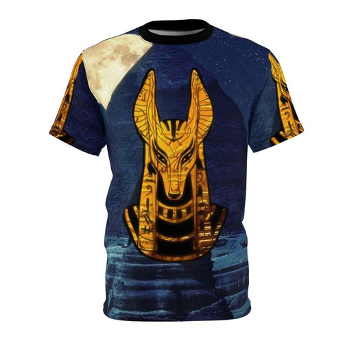 Anubis, the ancient Egyptian god of the dead, depicted in a high-quality all-over print t-shirt design.