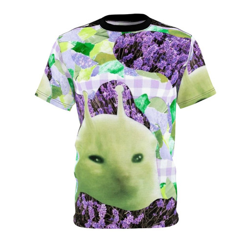 Unique green alien collage art print on a high-quality t-shirt