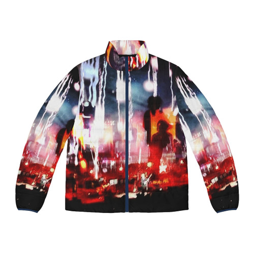 The Cure 2016 Robert Smith Inspired Puffer Jacket with a trippy, abstract design