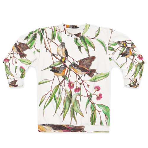 Spotted pardalotes on pink flowering gum watercolor art sweatshirt