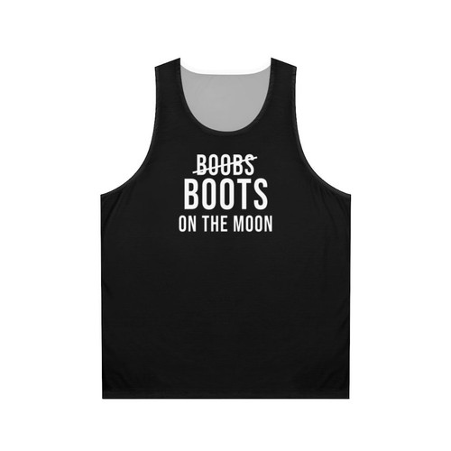 Unisex black tank top with "Boots on the Moon" design