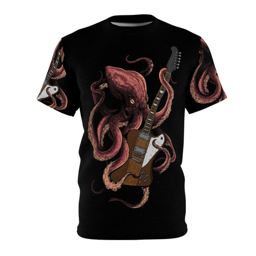 Graphic t-shirt design featuring an octopus playing an electric guitar