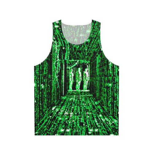 Neo from The Matrix wearing a red or blue pill unisex tank top