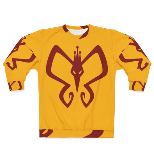 Monarch butterfly logo on a grey sweatshirt