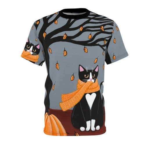 Illustration of a cozy tuxedo cat sitting in a pumpkin patch during the autumn season