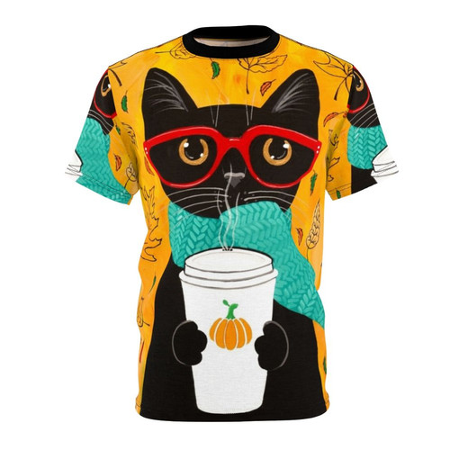 A cozy autumn cat t-shirt design featuring a black cat wearing glasses and holding a pumpkin spice latte.