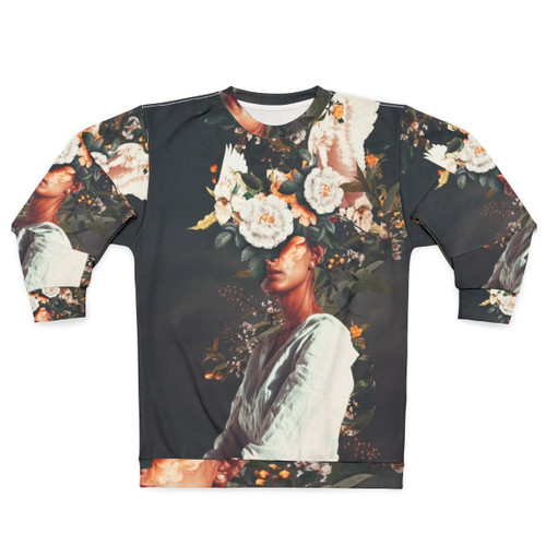 Surreal floral portrait of a woman wearing a sweatshirt