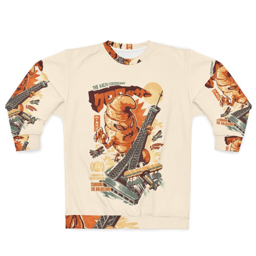 Kaijussant Retro Sweatshirt featuring a croissant monster in a vintage Japanese kaiju style