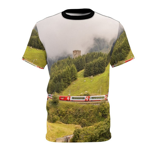 A t-shirt featuring the iconic Glacier Express train winding through the Swiss Alps