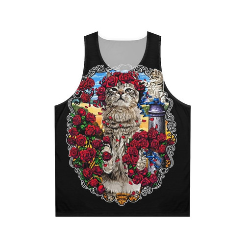 Grateful cats and roses graphic on a unisex tank top