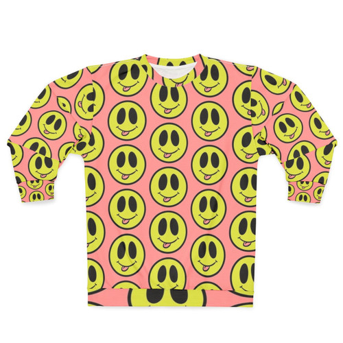 Silly smiley face graphic on a colorful neon sweatshirt