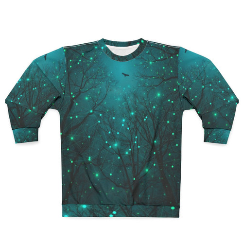 Glow-in-the-dark teal galaxy sweatshirt with geometric star pattern