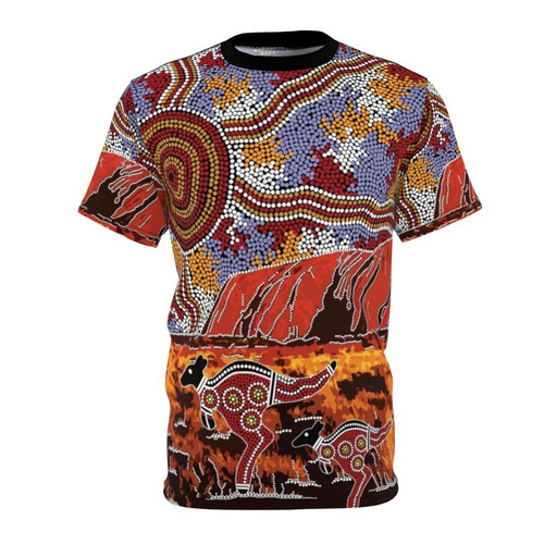 Aboriginal-inspired t-shirt design featuring Uluru (Ayers Rock) and iconic Australian landscape elements