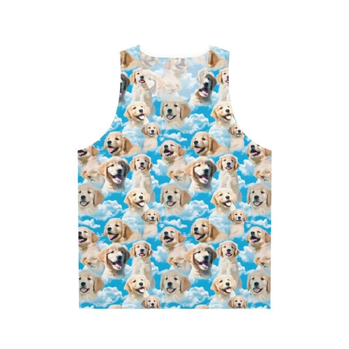 Golden retriever puppies playing in a sunny blue sky background