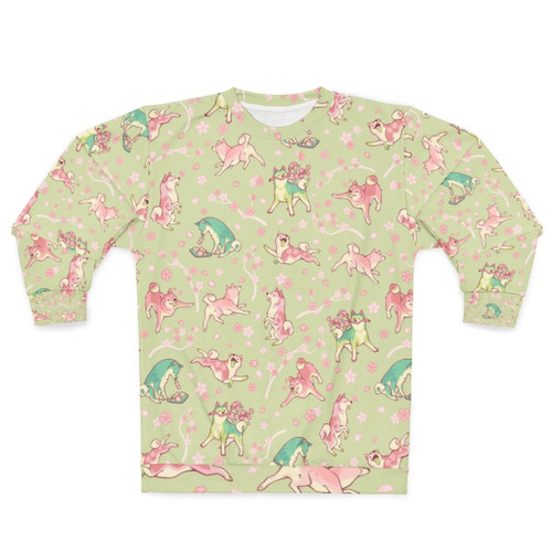 Shibakura Matchinu Matcha Sweatshirt with Shiba Inu Dog and Sakura Flower Pattern