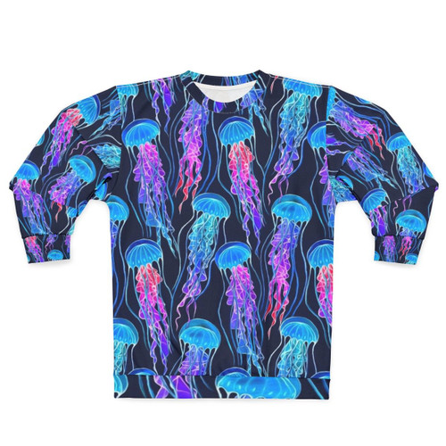 Luminescent rainbow jellyfish design on navy blue sweatshirt