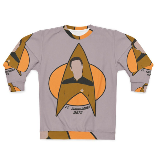 Lt Commander Data from Star Trek in a sweatshirt