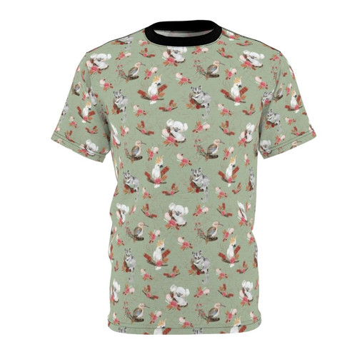 Vibrant t-shirt design featuring an array of Australian native plants and animals, including kookaburras, cockatoos, possums, koalas, and eucalyptus flowers.