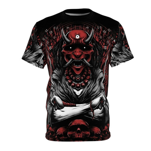 Demonic Japanese Oni skull and sakura flower tattoo-inspired t-shirt