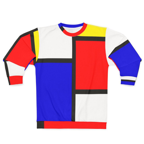 Mondrian inspired geometric sweatshirt with red, yellow, and blue colors