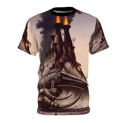 Steampunk train t-shirt with heavy metal hero fantasy sci-fi artwork