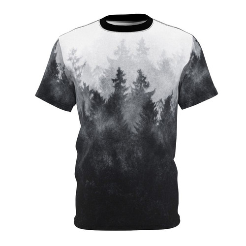 Vintage nature landscape t-shirt with mountains, forest, and fog design