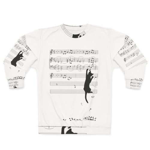 Mischievous sweatshirt with a cat playing music in a surreal composition