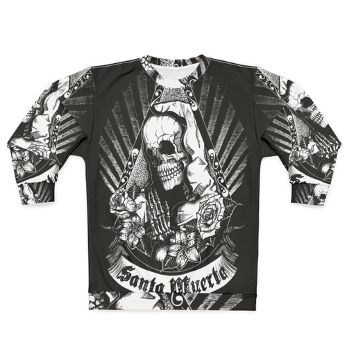 Dark Santa Muerte Sweatshirt with Skull and Floral Design