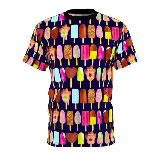 Navy t-shirt with vibrant graphics of popular Australian ice cream brands and flavors