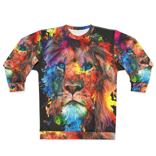 Colorful watercolor illustration of a lion on a sweatshirt