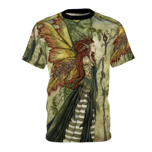 T-shirt featuring a beautiful green fairy woman surrounded by leaves and nature